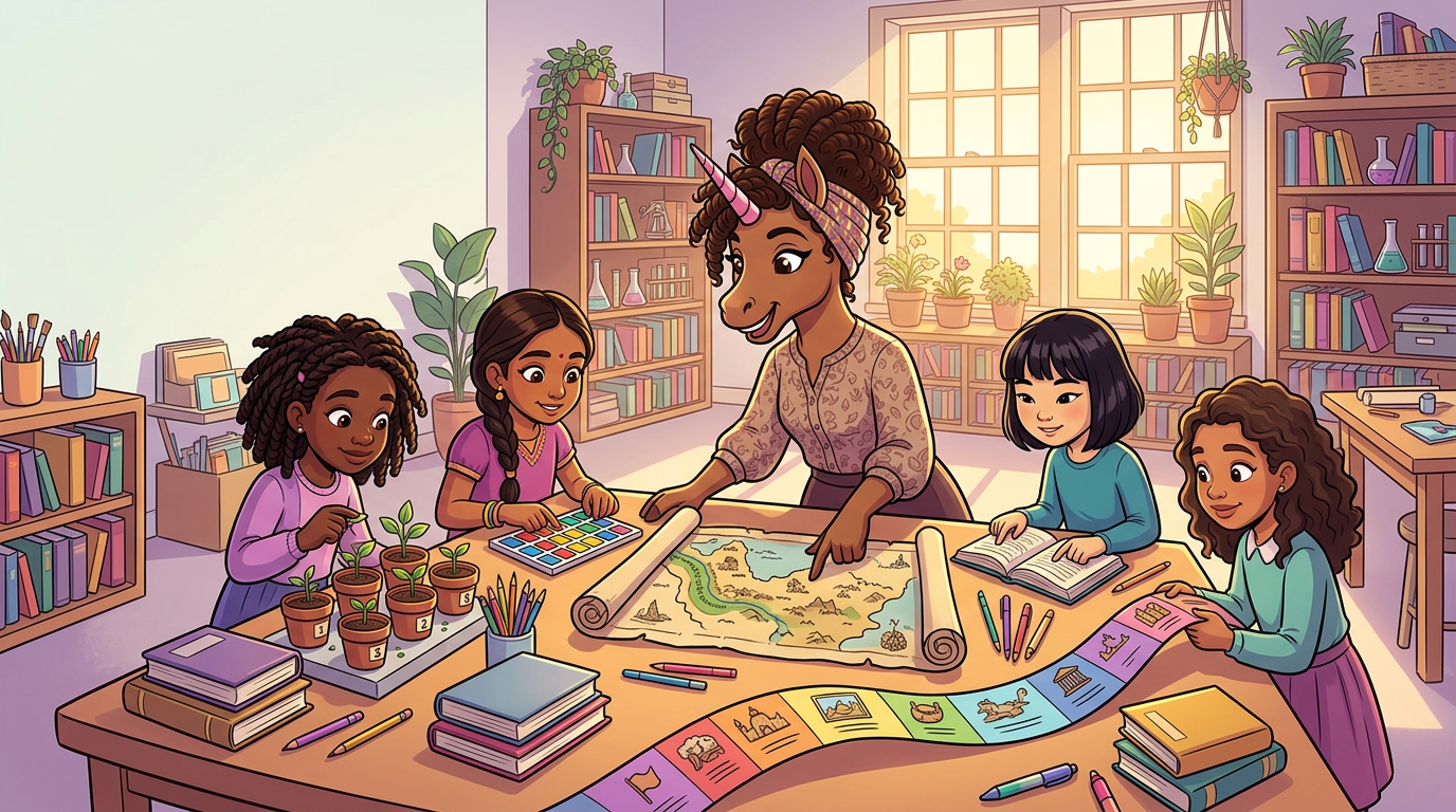 Girls exploring maps, plants, books, and art with UnicornBAE
