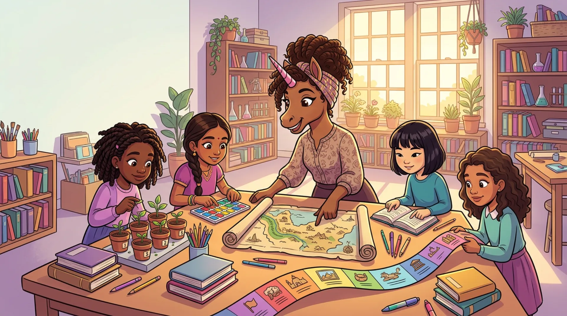 Girls exploring maps, plants, books, and art with UnicornBAE