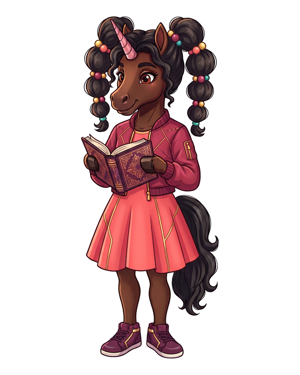 Diamond Little BAE unicorn with deepest rich espresso-brown coat and textured near-black mane with pink and gold beads