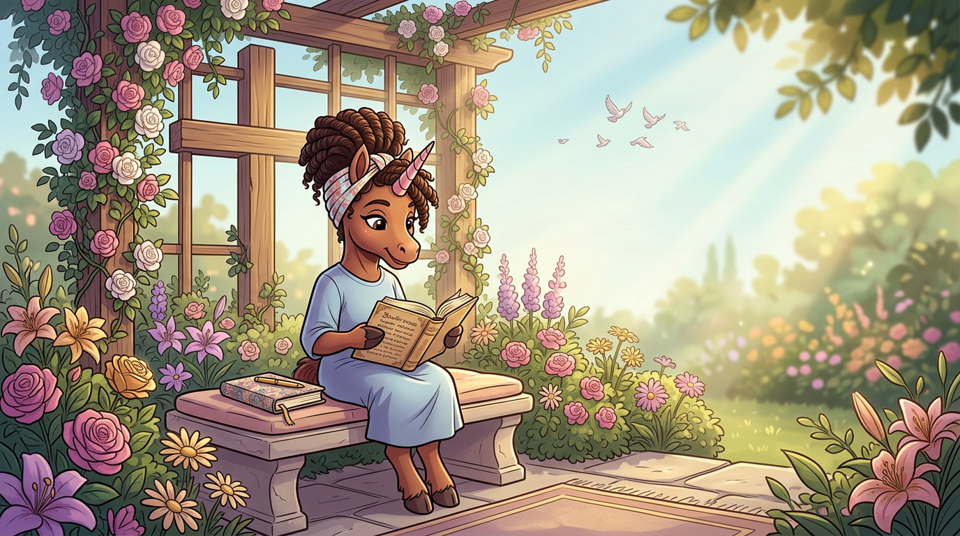 UnicornBAE reading Scripture in a peaceful flower garden