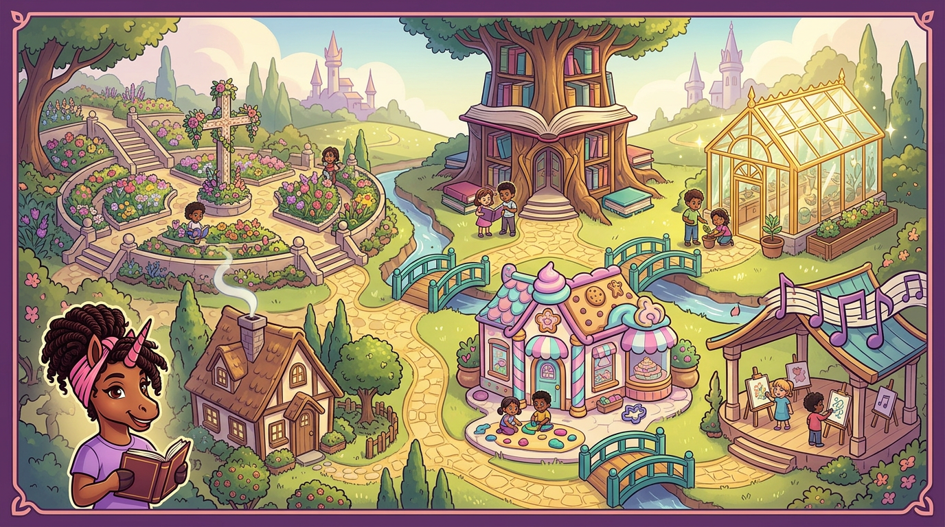 Illustrated UnicornBAE learning world with a verse garden, library, creation lab, bakery, and art studio
