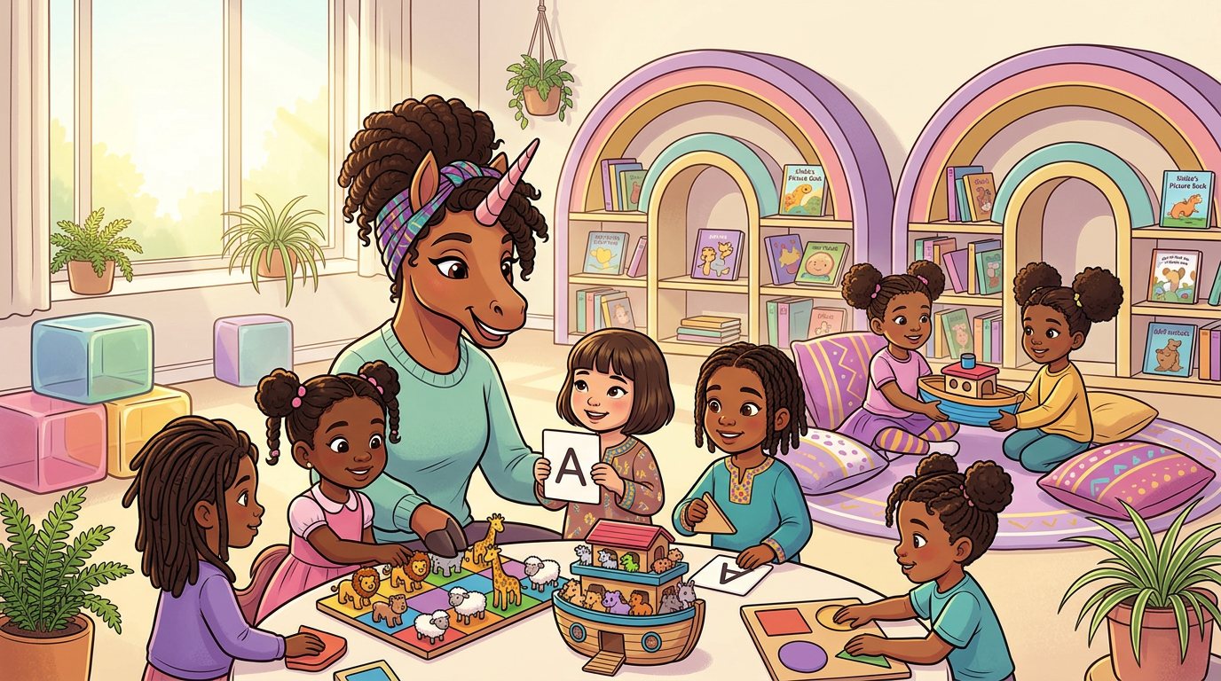 Young girls learning letters and counting animals with UnicornBAE