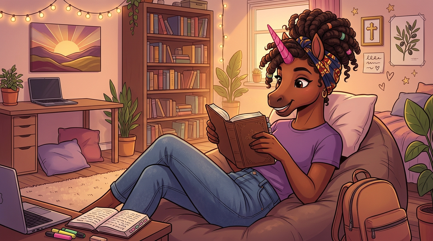 Teen UnicornBAE reading and journaling in a warm study room